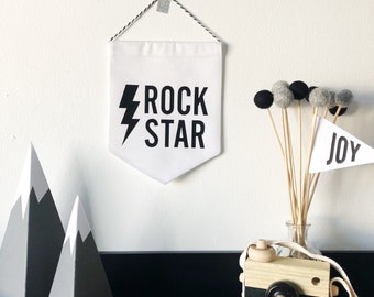 Rock Star Handmade Fabric Flag, Monochrome hanging wall banner, Lightning Bolt, pennant flag, wall pennant, wall hanging flag, fabric sign