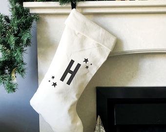 Personalised Christmas Initial Stocking - Handmade Natural Cotton Stocking with Black Details