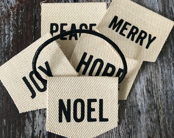 Set of 5 Traditional Word Un-dyed Cotton Teeny Banners - Natural Christmas Tree Decorations, Christmas Decorations, Hanging Decorations