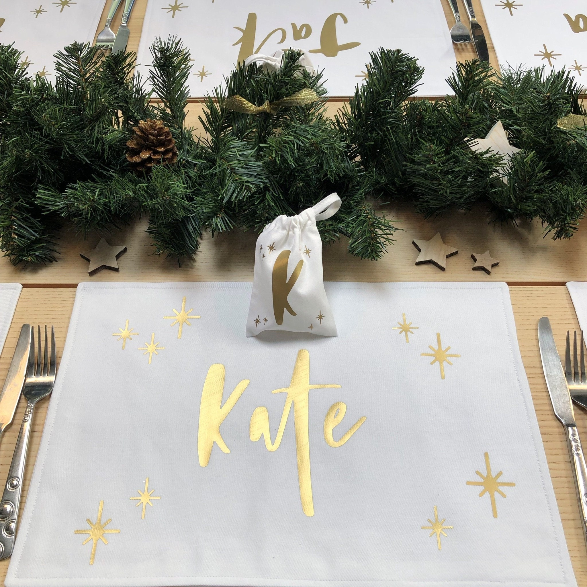 Personalised Christmas Placemats - Set of 4 Handmade Table Placemats, White and Gold Christmas Table Decor