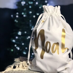 Christmas Personalised Large Gift Sacks - Reusable White and Gold Draw String Sack, Christmas Stocking Alternative