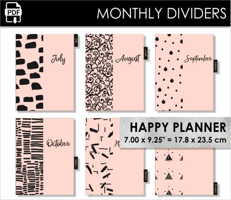 Monthly classic happy planner dividers pink and black inserts etsy