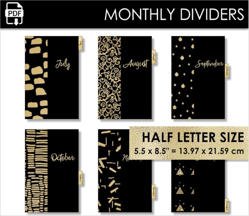 monthly planner dividers half letter size gold black day timer etsy
