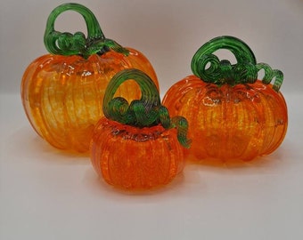 Hand-Blown Glass Pumpkin: Orange & Green