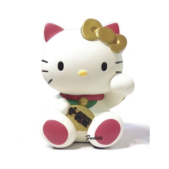 JAPN SANRIO HELLO KITTY LUCKY CAT POLYRESIN COIN BANK WHITE//GOLD