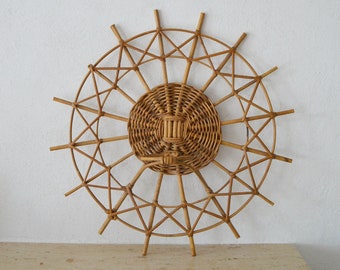 Rattan bamboo wall plant holder vintage wall planter sun plant stand wicker boho 1970