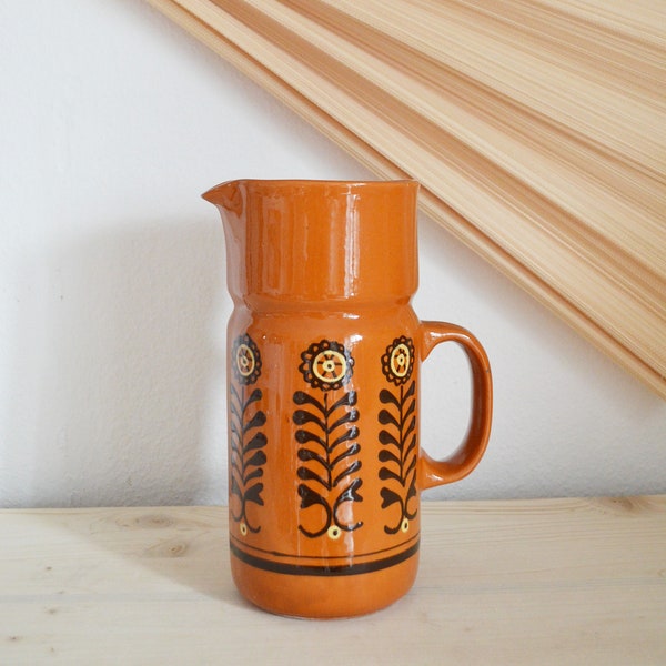 Vintage jug vase jug 1970s flower power terracotta brown yellow black home décor mid century danish design