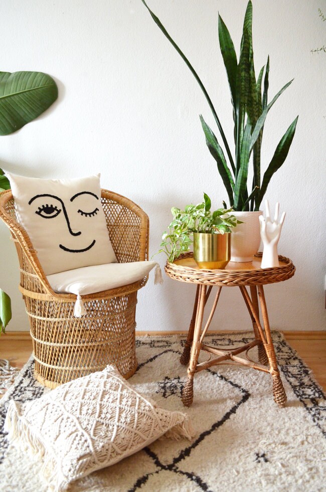 Vintage Rattan Table Boho Occasional Table Bohemian Wicker Side Table