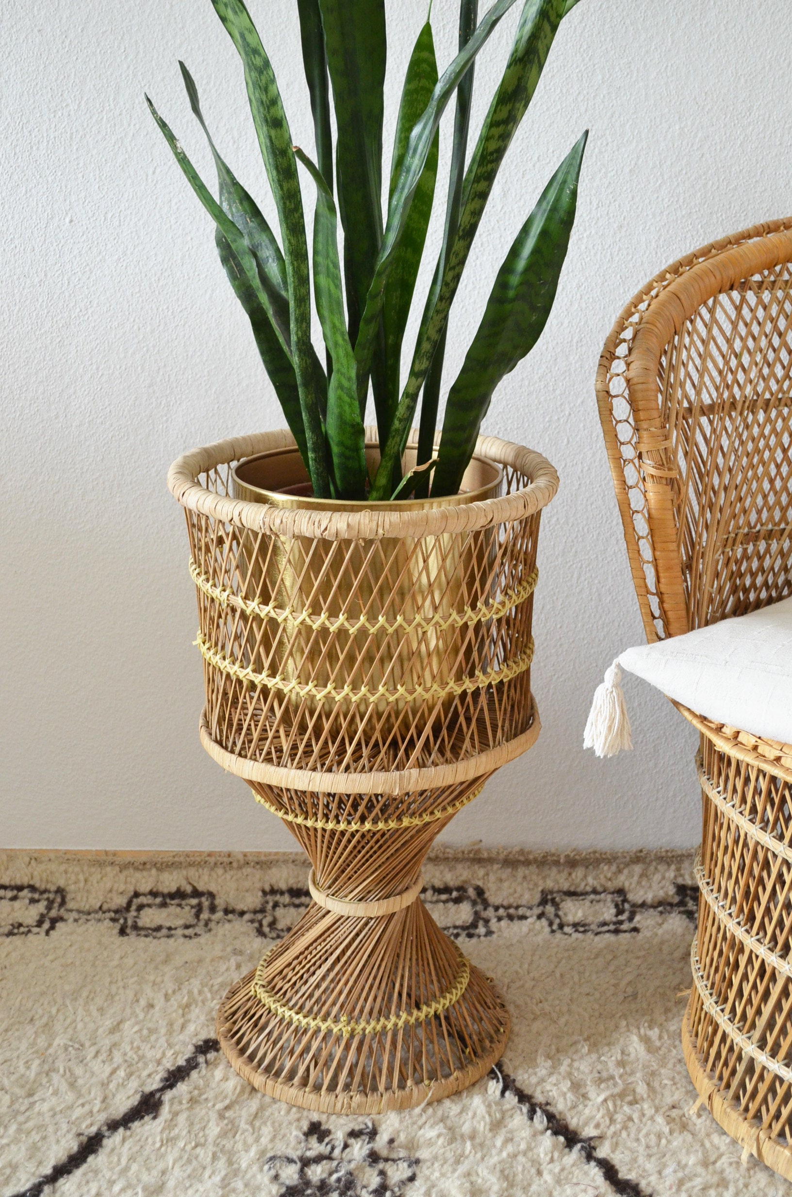 Bohemian plant stand rattan boho plant stood wicker floral column 1970