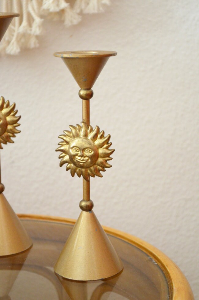 Vintage Sun Candle Holder Set Gold