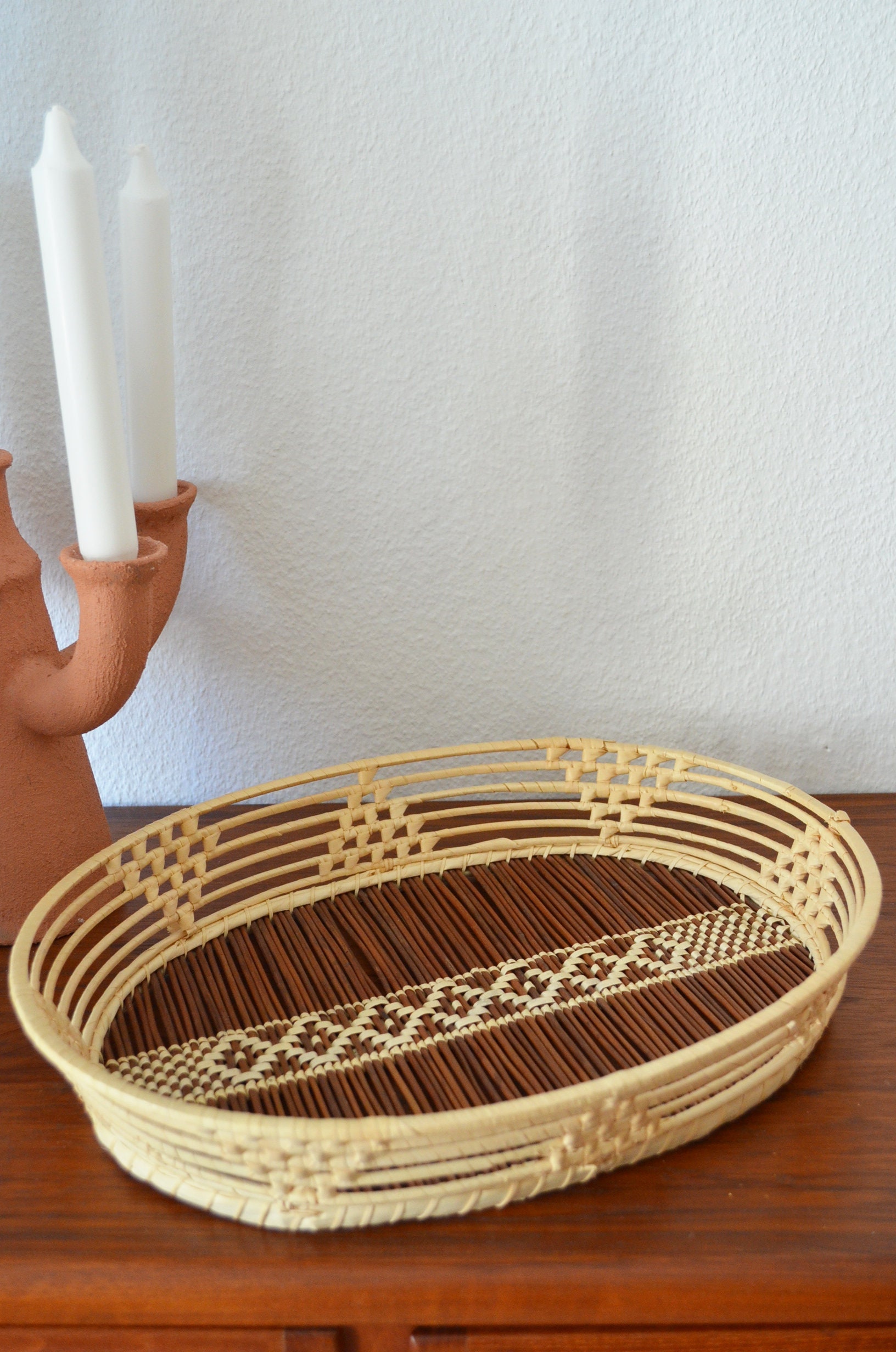 Boho rattan tray vintage tray bohemian ethno wicker round home decor basket