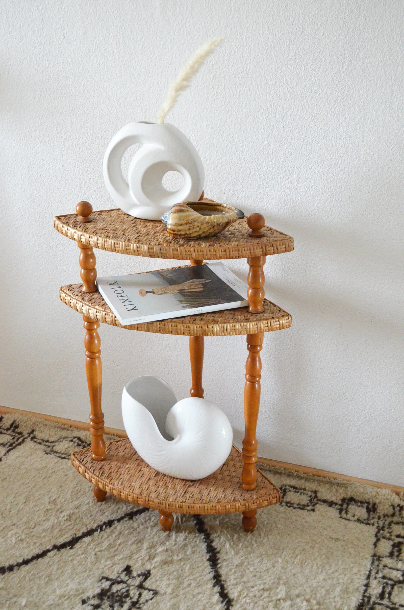 Vintage corner shelf rattan & wood side table wicker boho bookshelf