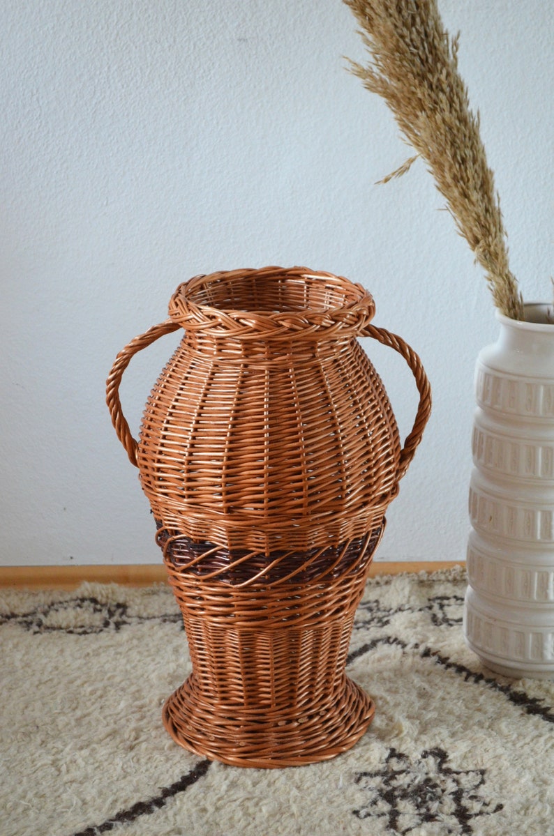 Vintage Rattan Basket Floor Vase Amphora Boheme Etsy