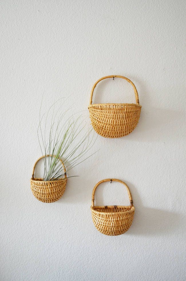 Set of 3 rattan wall baskets wall planter wicker basket vintage boho