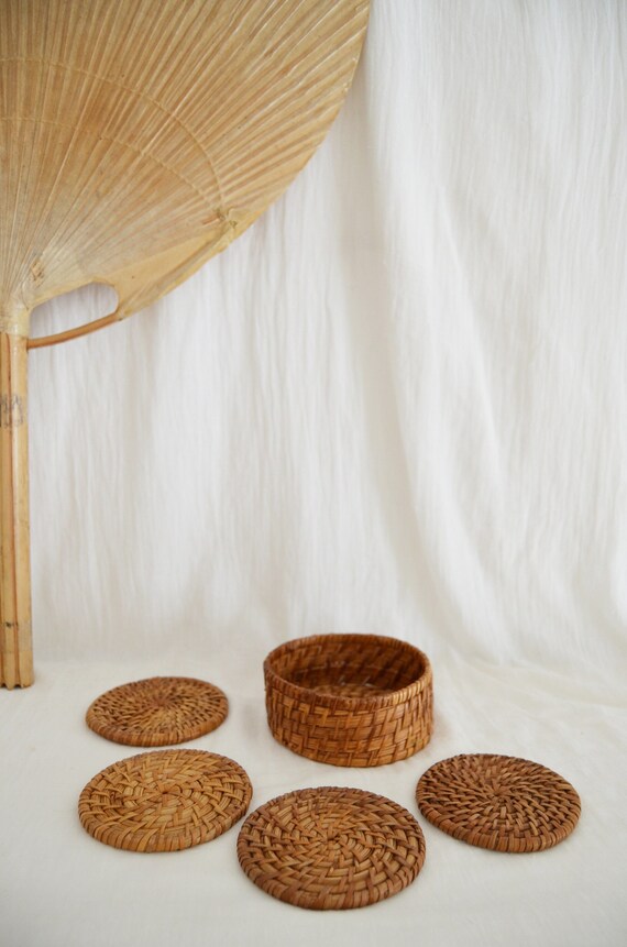 Set of 4 rattan coasters with basket casket wicker basket coaster boho