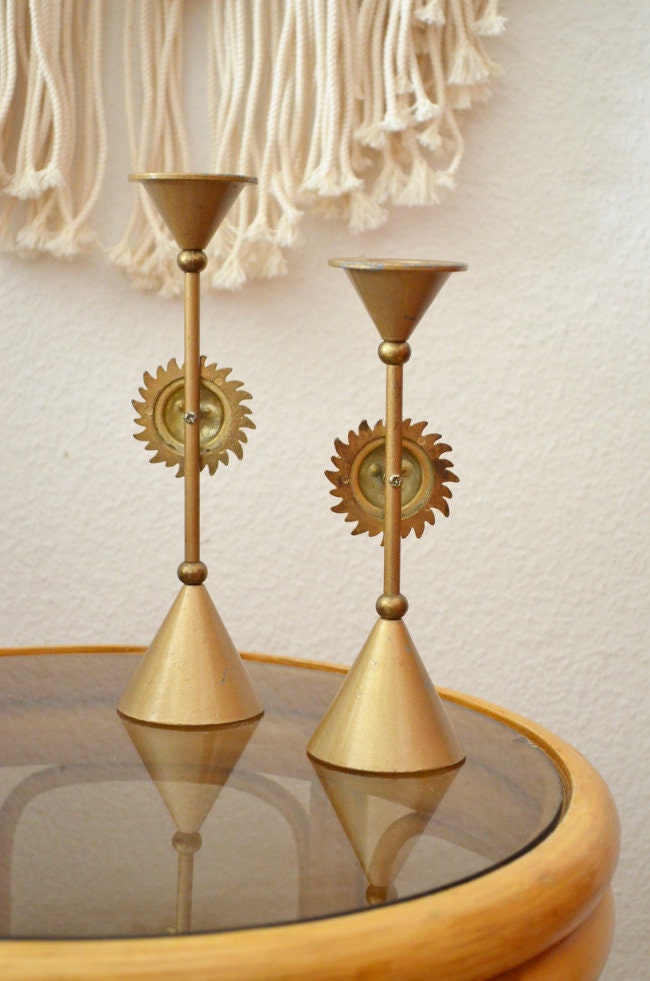 Vintage Sun Candle Holder Set Gold