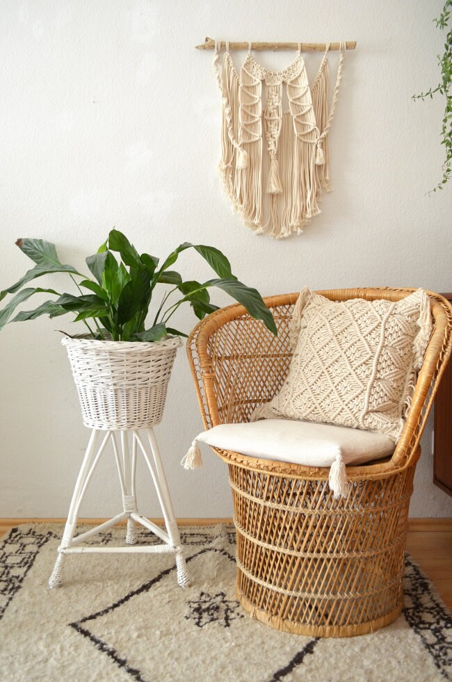 Vintage rattan plant Stand white basket flower stand Boho