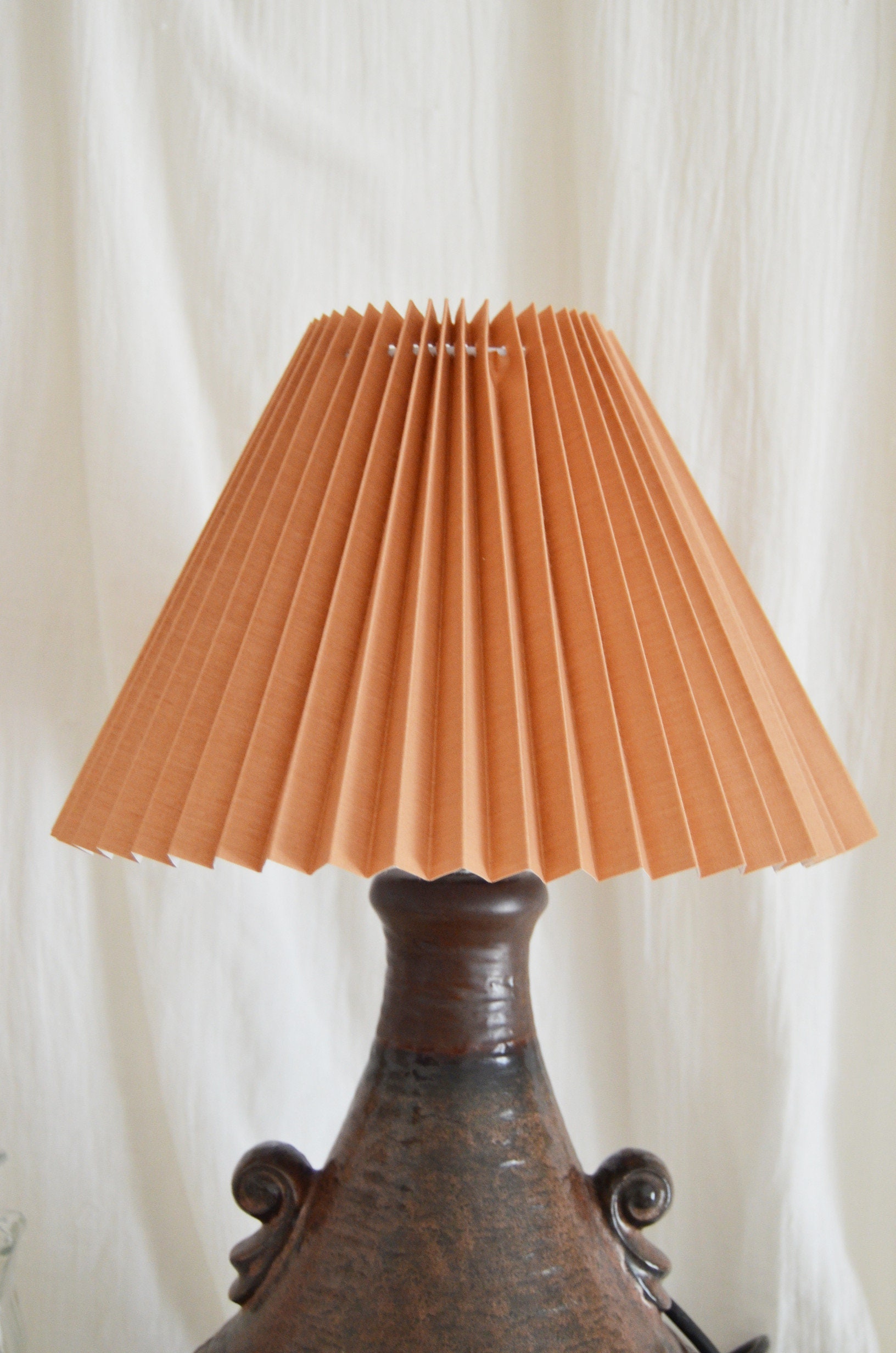 Mid Century ceramic table lamp with pleated shade, vintage brown lamp