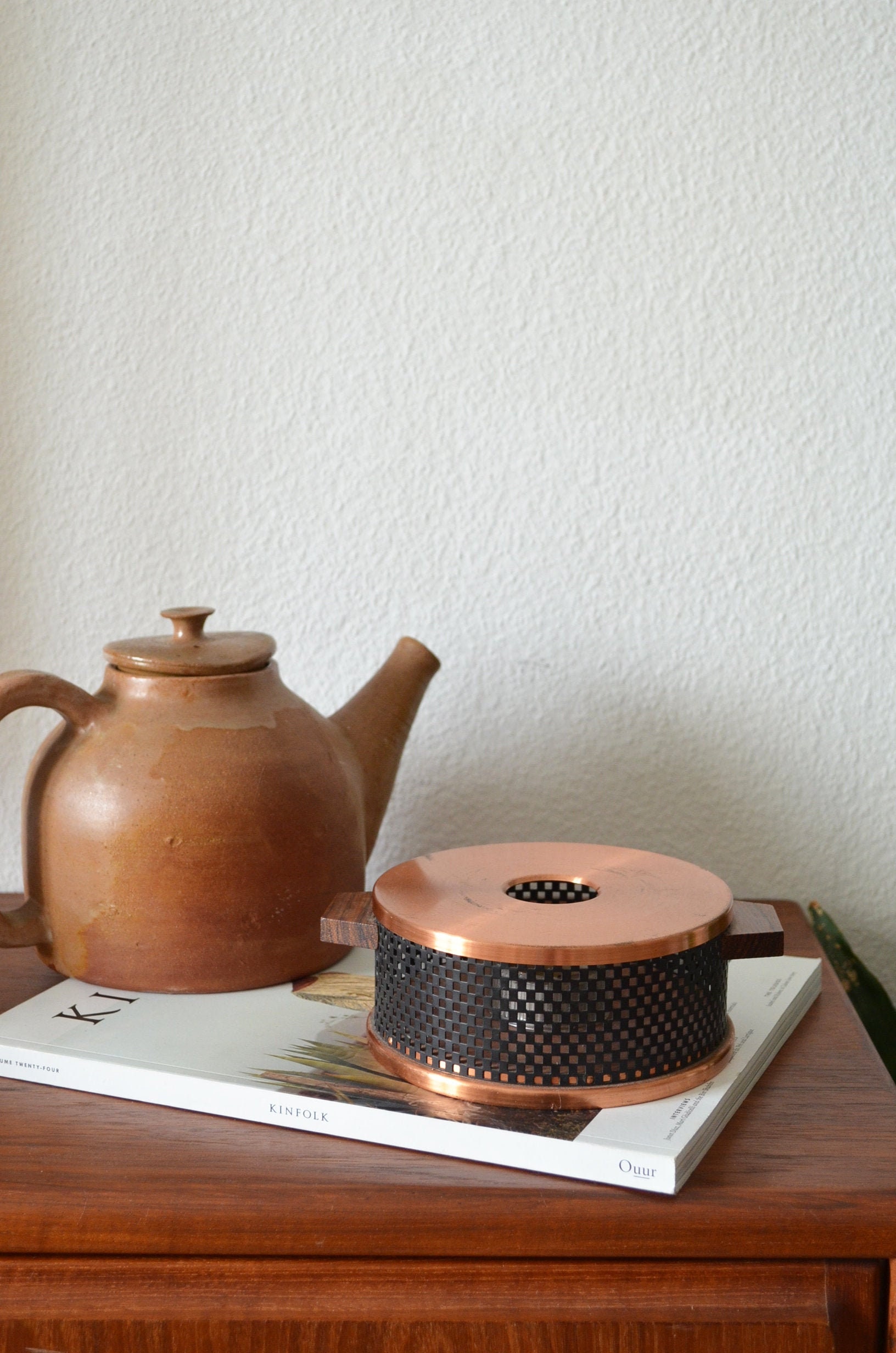 Vintage Copper & Teak Wood Stövchen Tea Warmer Pot Warmer