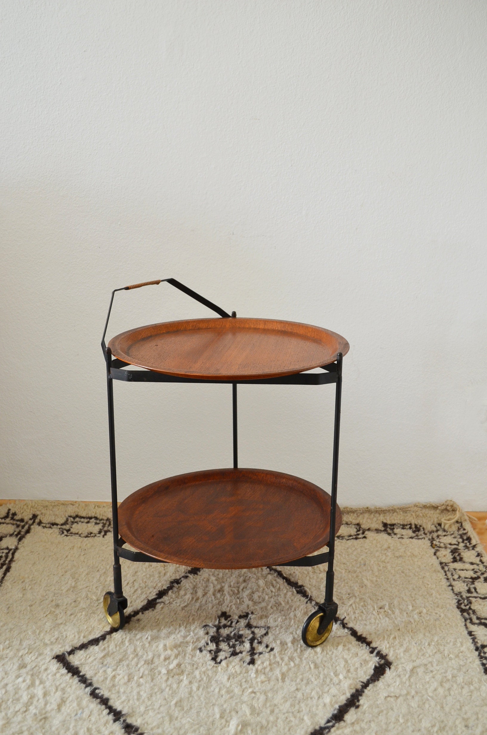 Vintage bar cart serving trolley round brass bar cart wood mid century side table