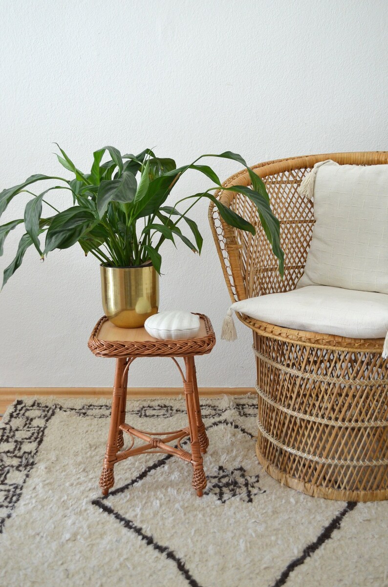 Vintage Rattan Boho Flower Bench Stool Side Table Plant Stand Image 0