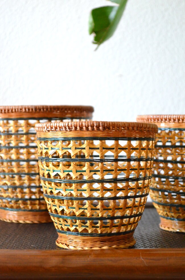 Set of three rattan flower pots Vintage wicker planter Plants green Boho
