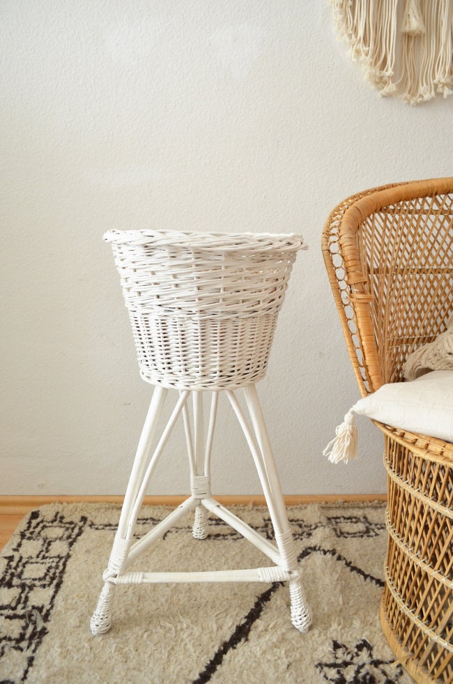 Vintage rattan plant Stand white basket flower stand Boho plant stand
