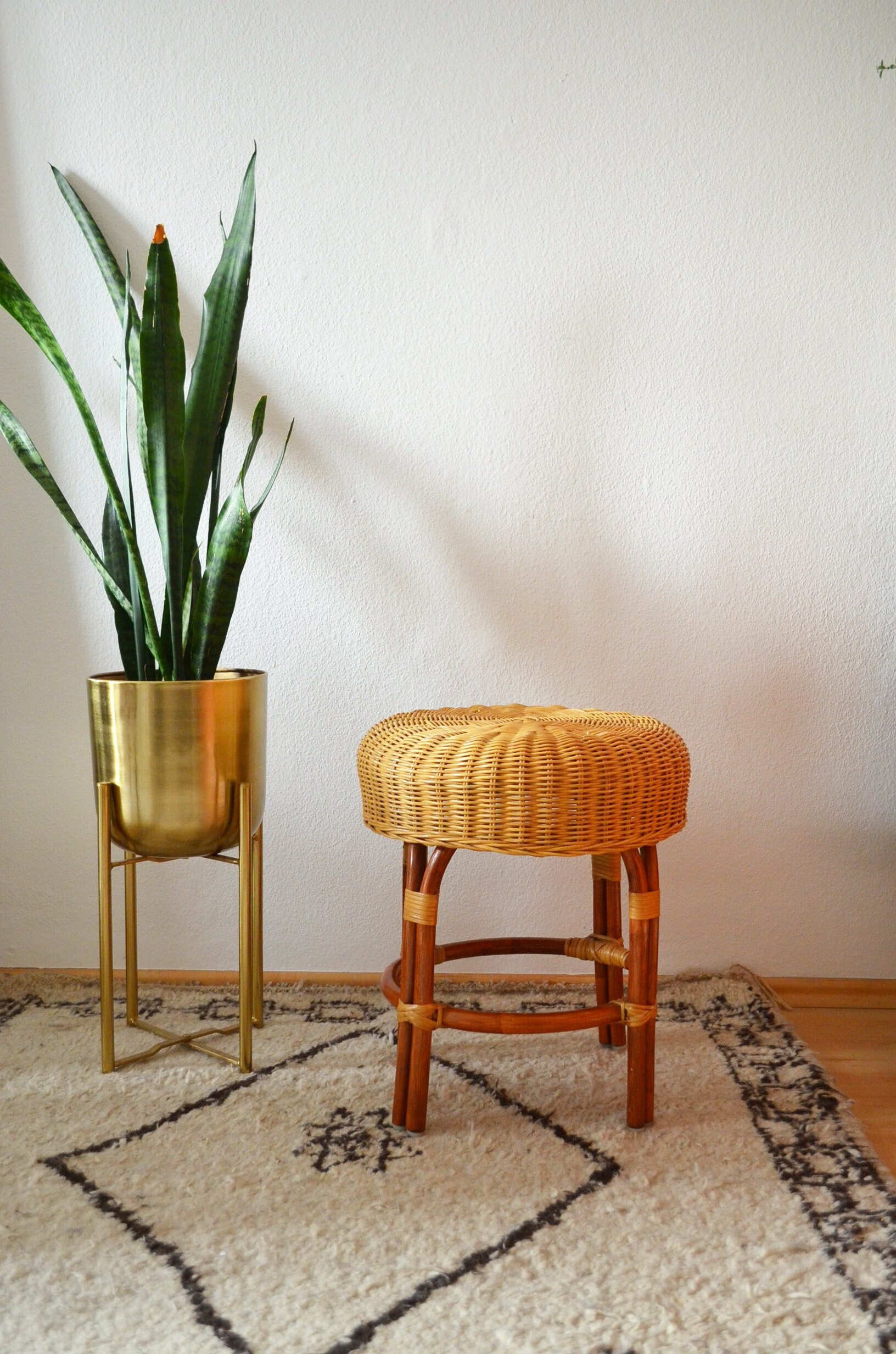 Vintage rattan stool plant stand wicker stool Boho round side table ...