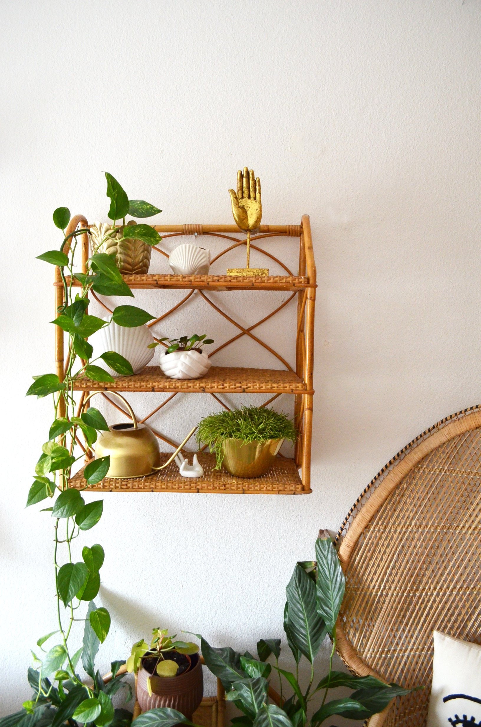 Vintage boho rattan & bamboo shelf wall shelf wrap er