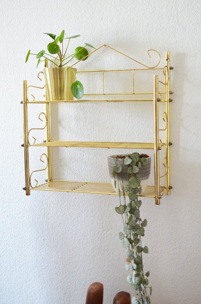 Vintage Regal Gold brass wire shelf brass boho spice shelf wall shelf