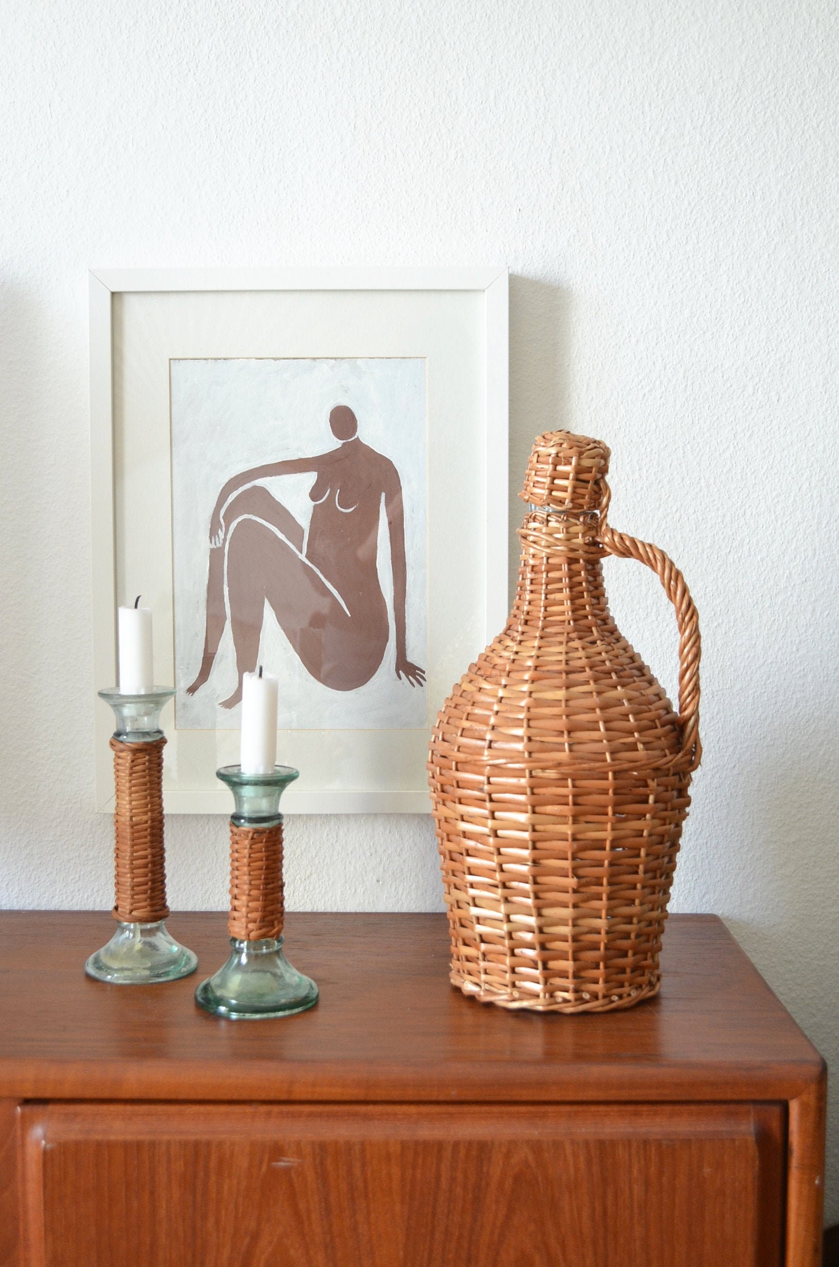 Mid century vase beige rattan bottle handmade balloon bottle