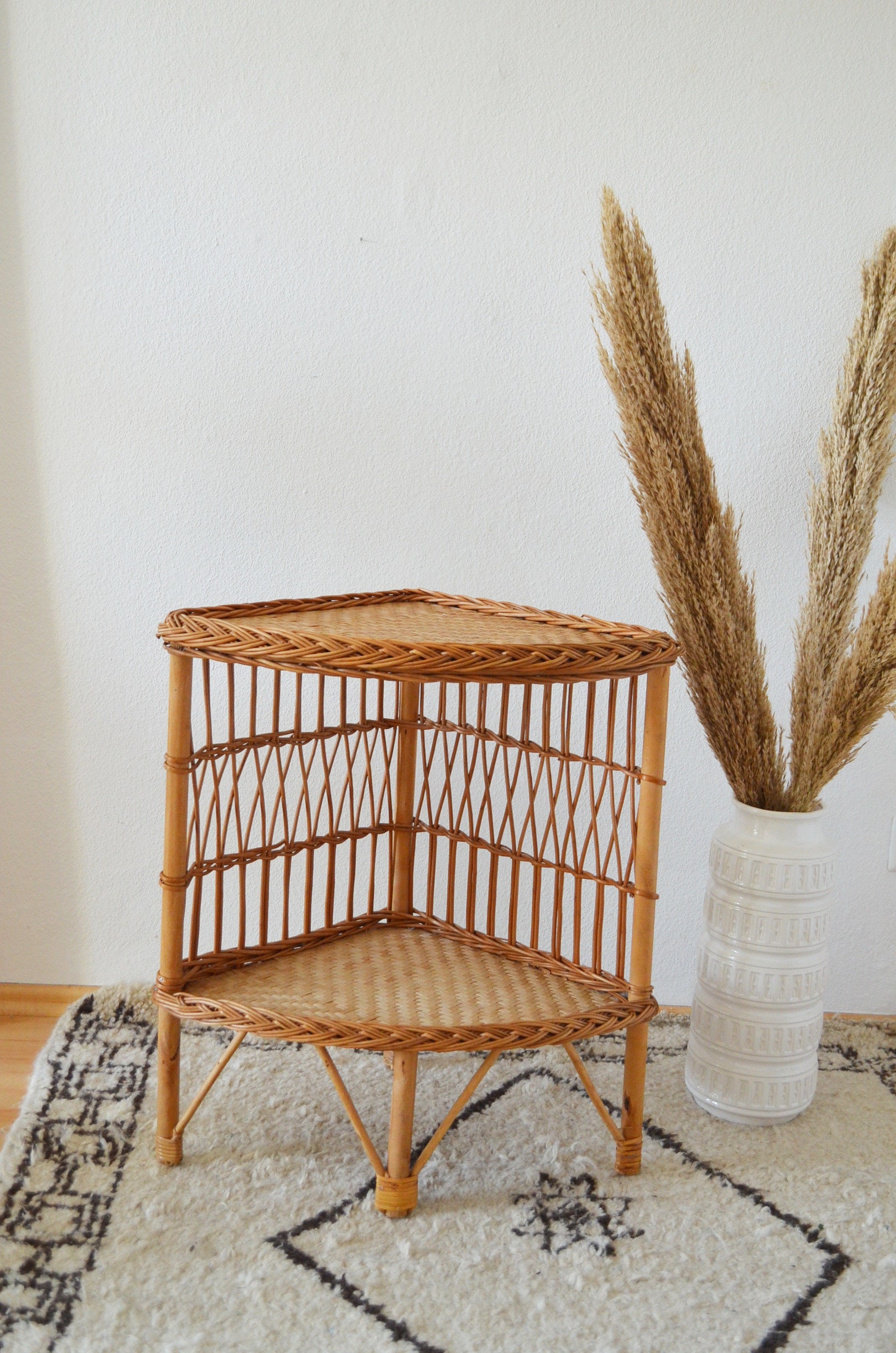 Vintage corner shelf rattan & wood side table wicker boho bookshelf