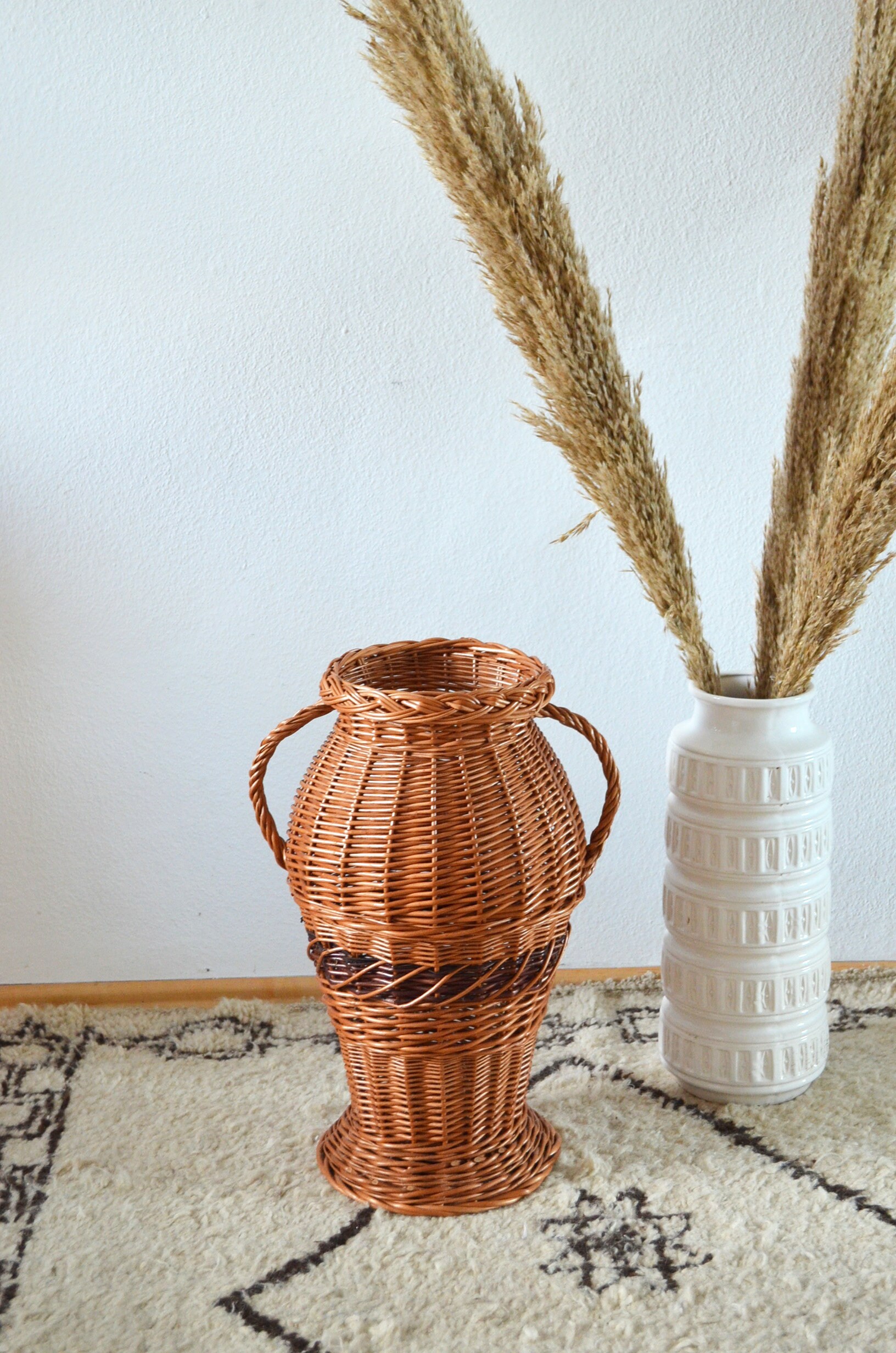 Vintage Rattan Basket Floor Vase Amphora Boheme Etsy