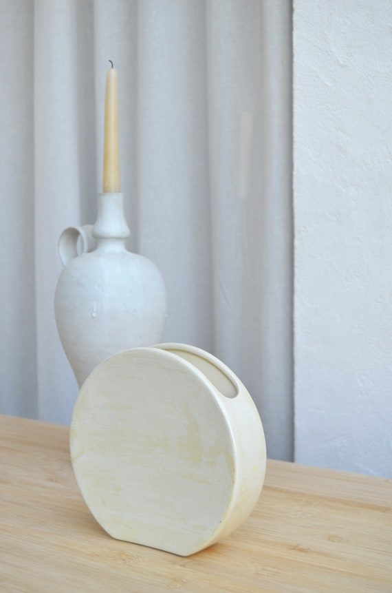 Mid century Vase beige handmade rund Kreis