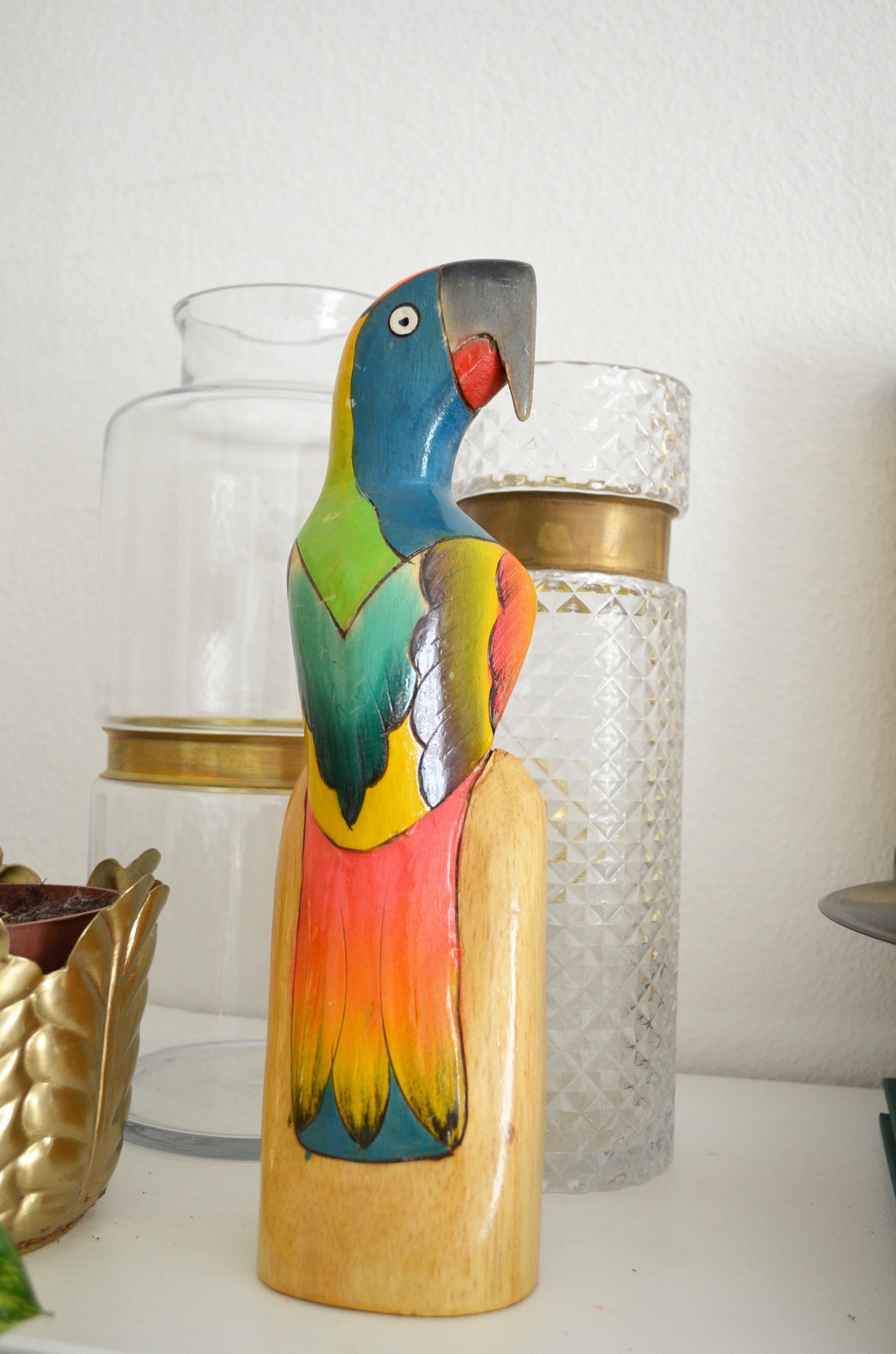 Vintage balsa wood bird boho parrot handpainted