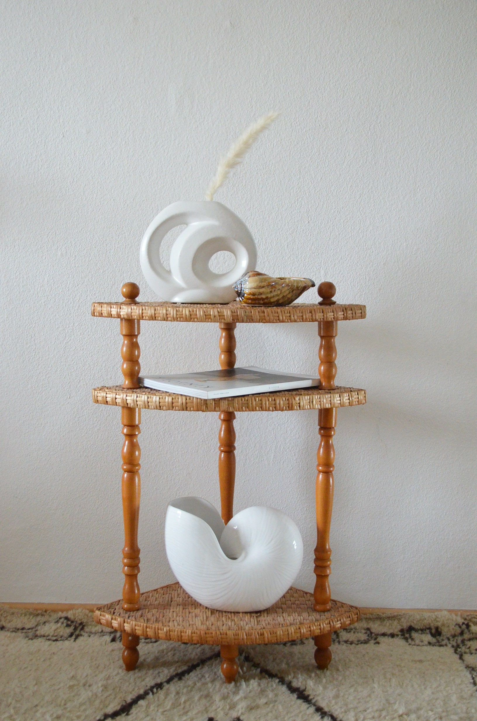 Vintage corner shelf rattan & wood side table wicker boho bookshelf