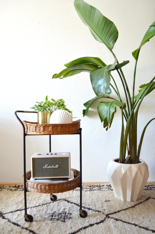 Vintage Rattan bar cart Mid century bar cart black round tea car