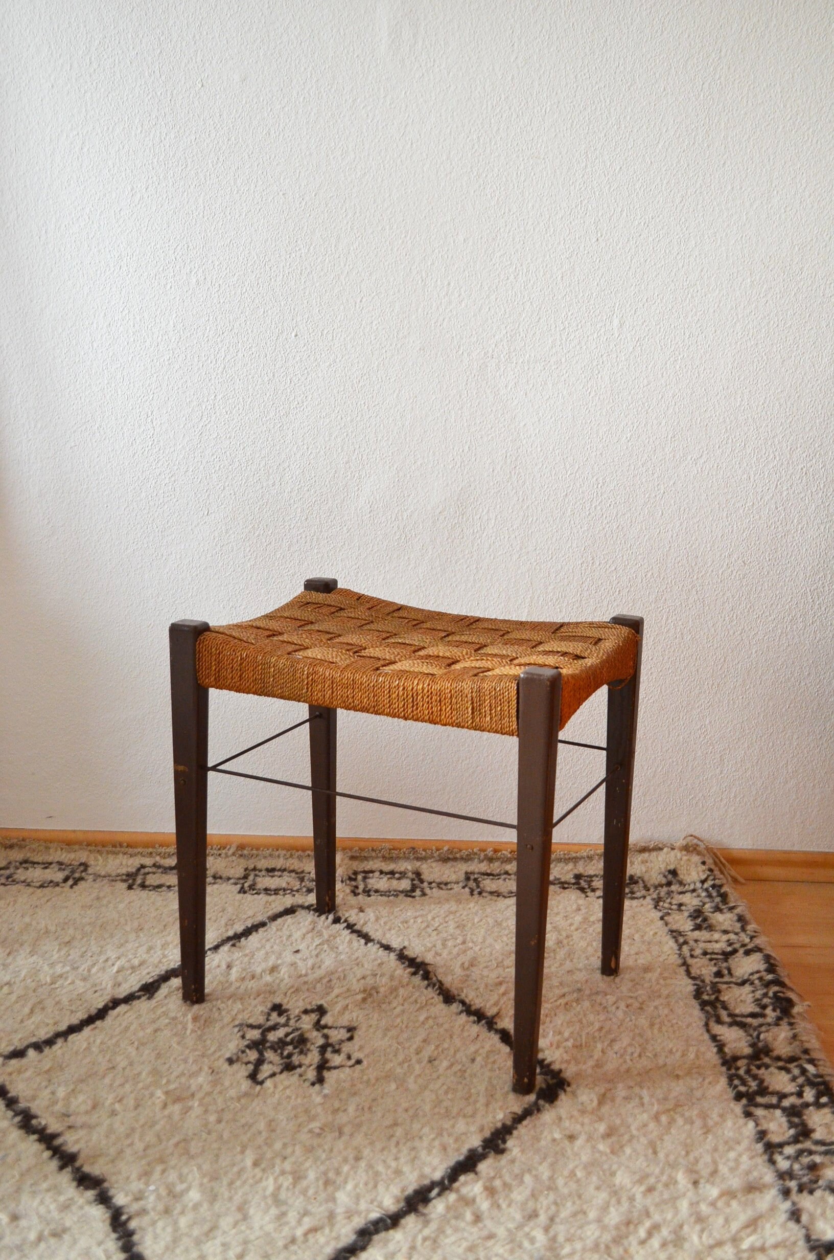 Vintage sisal rattan boho stool wicker mid century