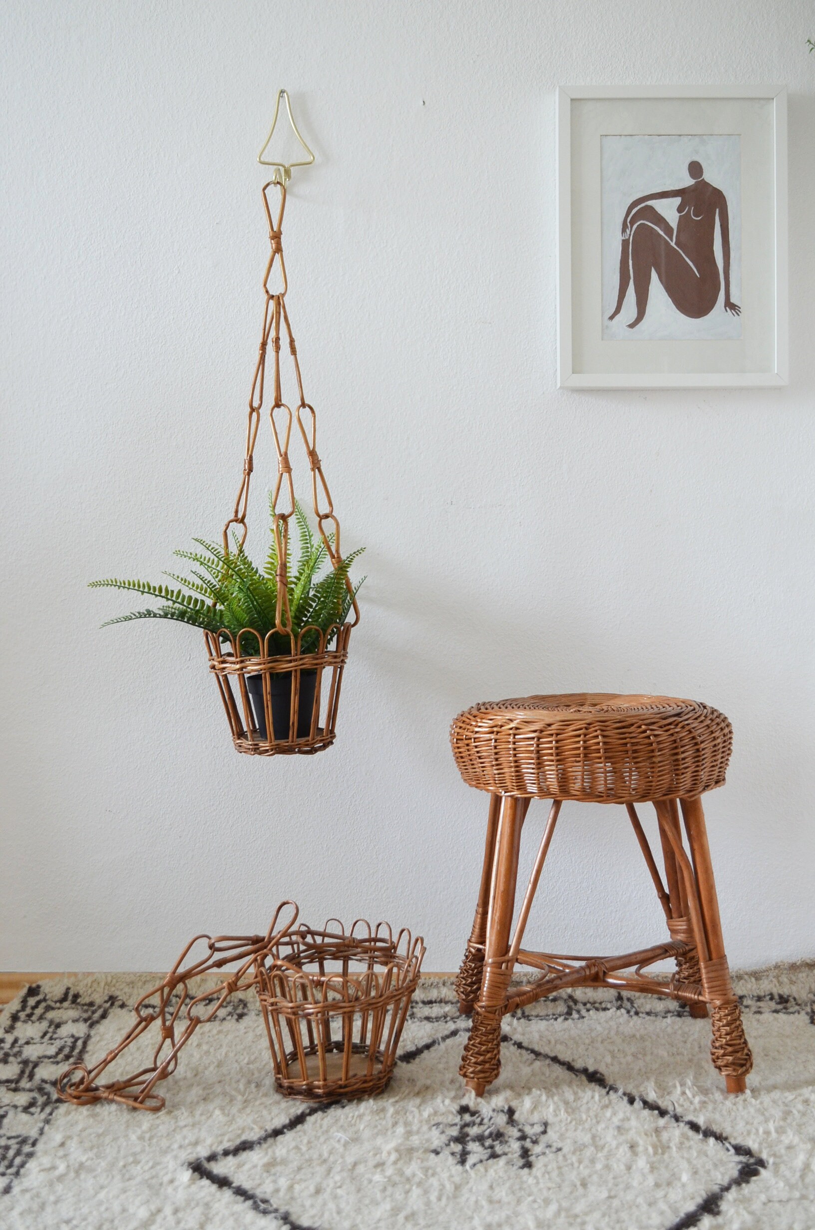 Vintage rattan flower light hanging plant pot Wicker hanging planter plants