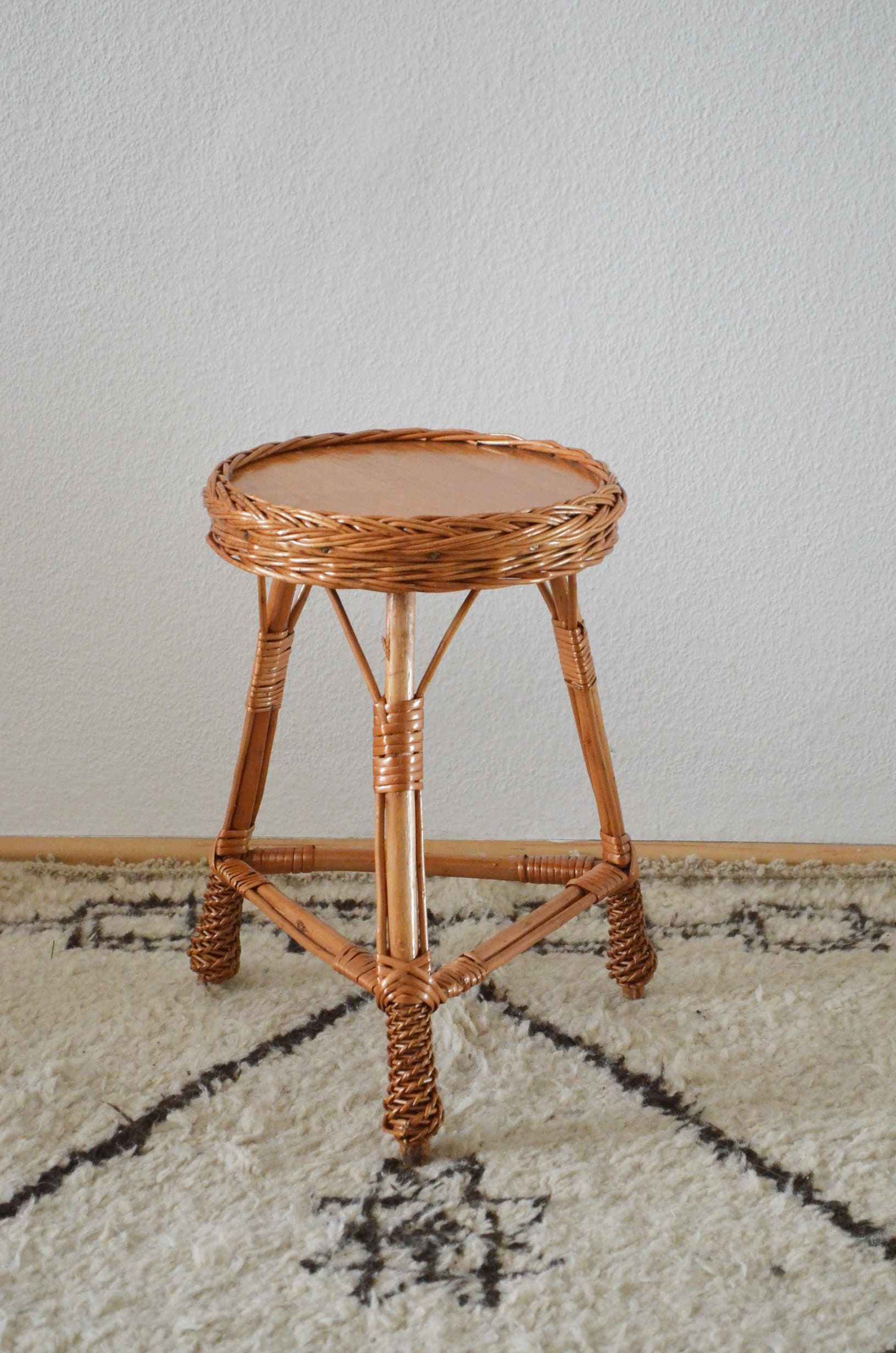 Vintage Rattan Table Boho Side Table Bohemian Wicker Side Table Flower Stool