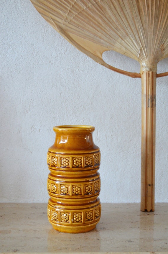 Vintage Inka Scheurich vase mustard yellow brown 18 cm boho mid century