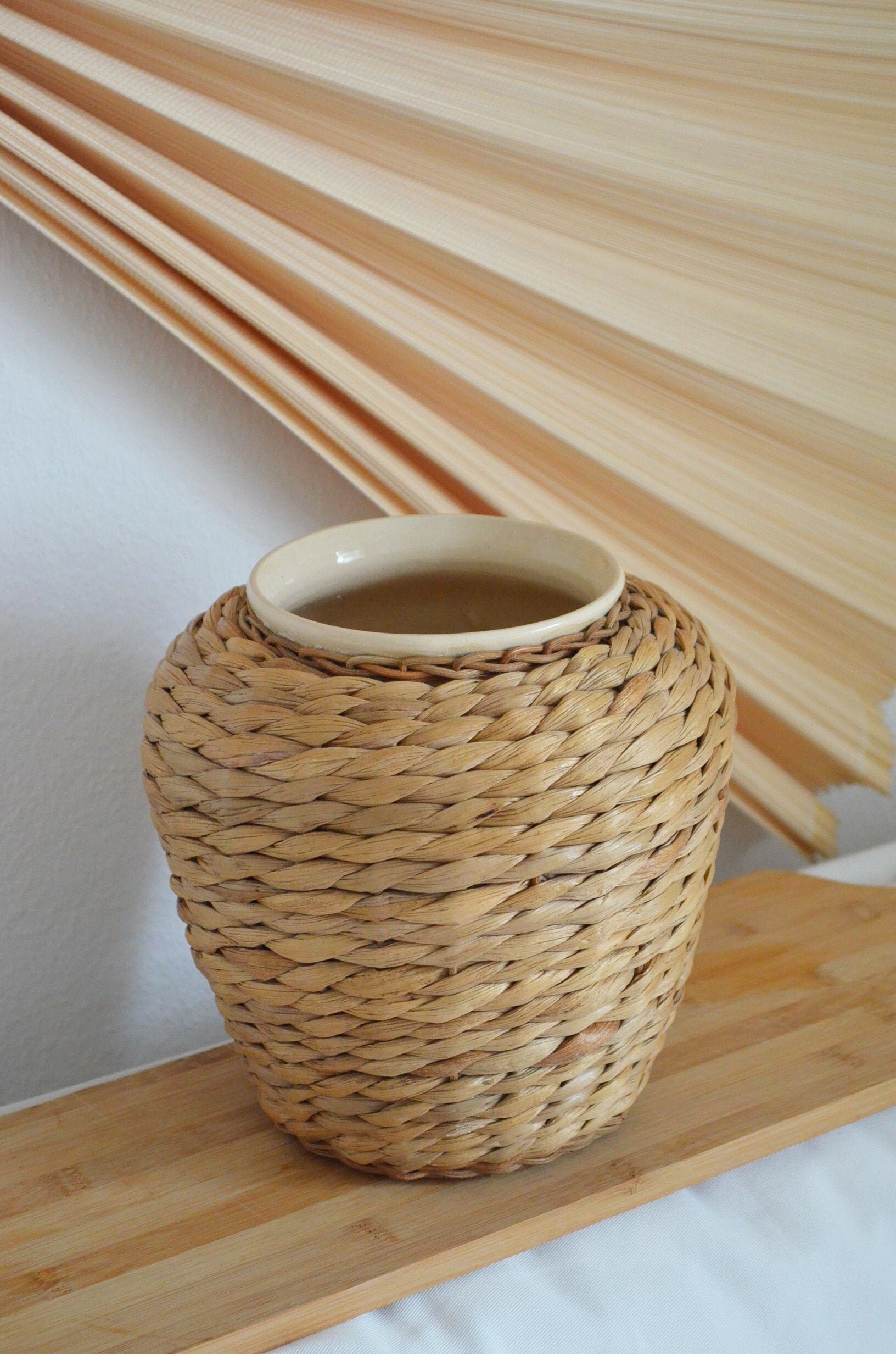 Vintage boho vase flower pot wood brown rattan bohemian clay handmade