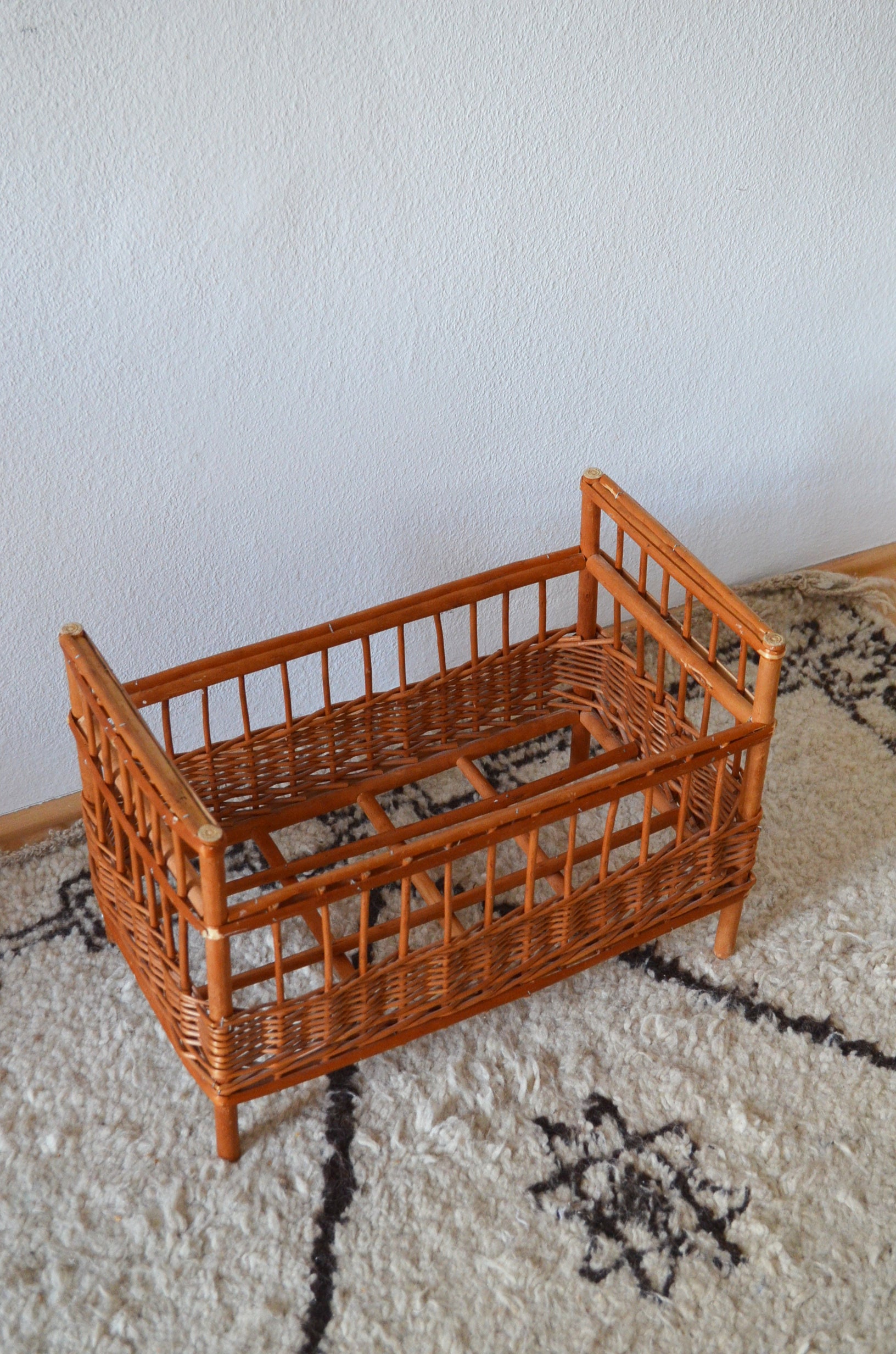 Vintage wicker rattan large doll bed boho cradle baby cot