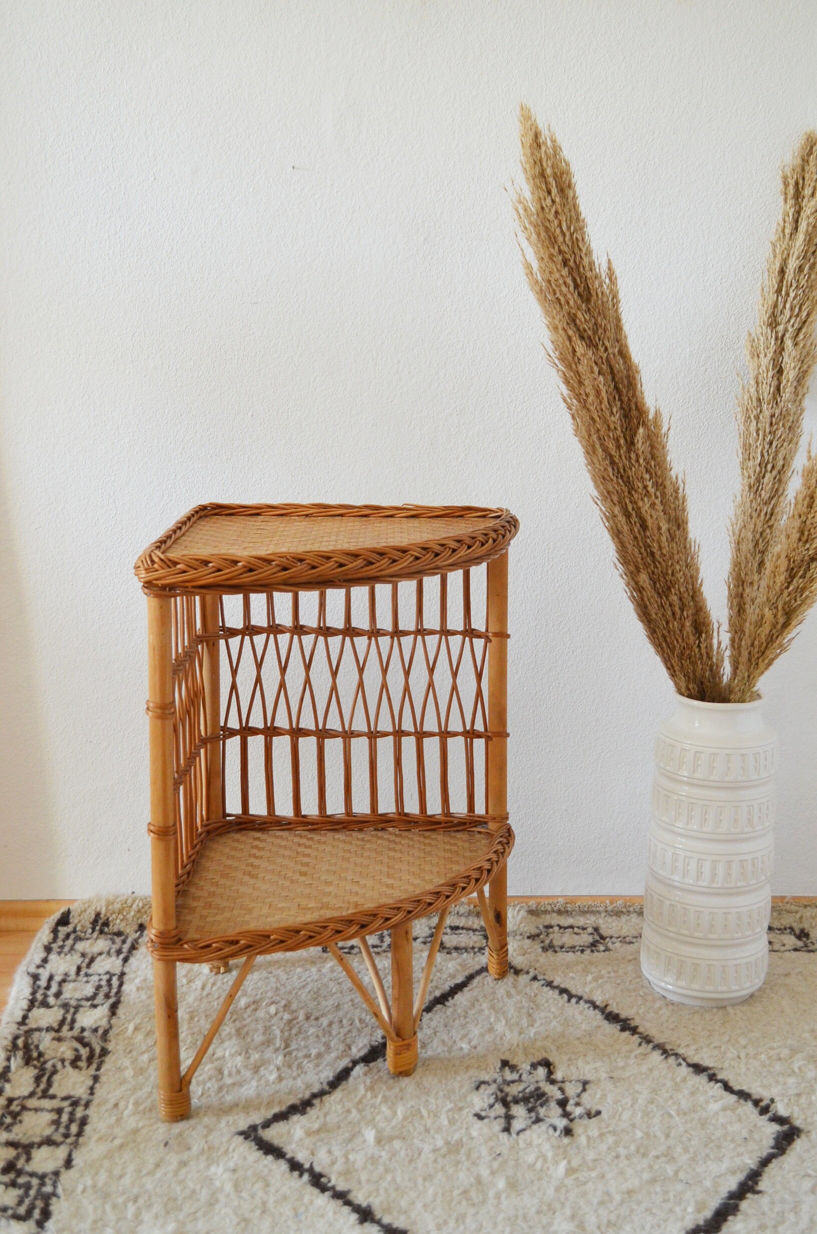 Vintage corner shelf rattan & wood side table wicker boho bookshelf