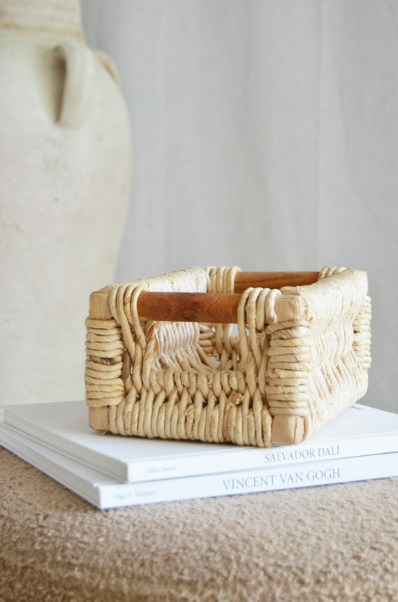 Vintage rattan basket with wooden handle wicker basket