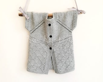 Light Grey Girl Cardigan, Short Sleeve Baby Girl Cardigan, Merino Wool Hand Knitted Jumper with Buttons, 18 - 24 Months Old Girl Cardigan