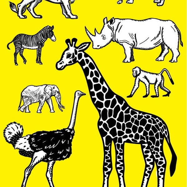 Black And White Animals Clip art, Jungle Animals, Safari Animals, Zebra, Elephant, Monkey, Emu, Rhino, Giraffe, Tiger, Lion, Clipart,