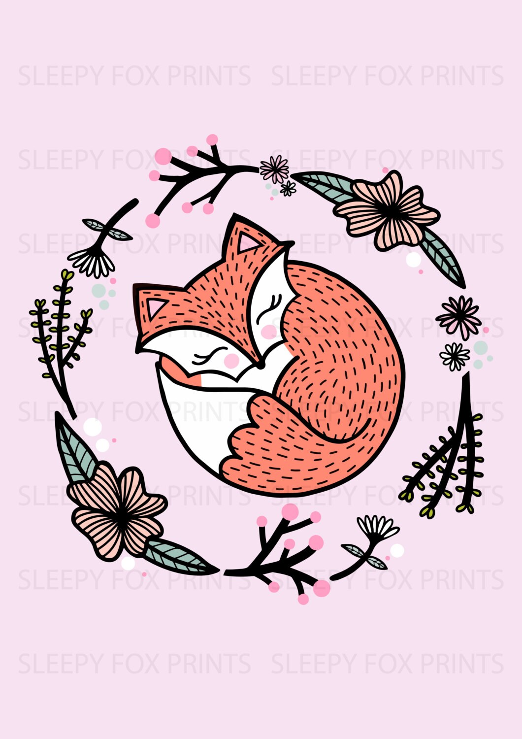Pink Floral Fox, Digital Prints, Hand Drawn Prints, Instant Download ...