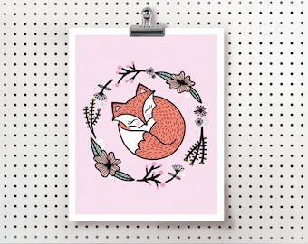 Pink Floral Fox,  Digital Prints, Hand Drawn Prints, Instant Download, Nursery Prints, Printable, Wall prints, Fox Illustration, Woodland