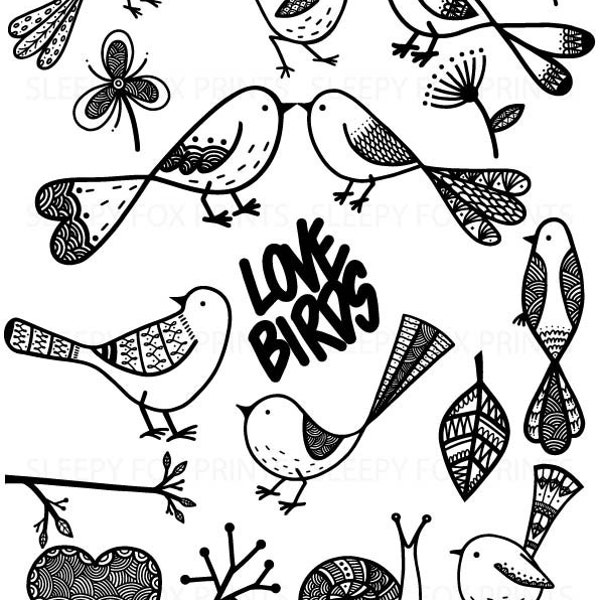 Love Birds Clipart, Clip Art, Bird Clipart, Hearts, Flowers, Cute, Nature, Black and White, Invitations, Zentangle Clipart, printable